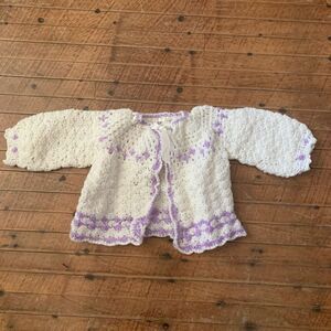 Handmade purple and cream crochet baby 0-6 cardigan
